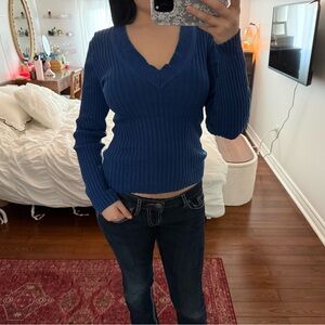 2000s Blue Ribbed V-Neck Sweater